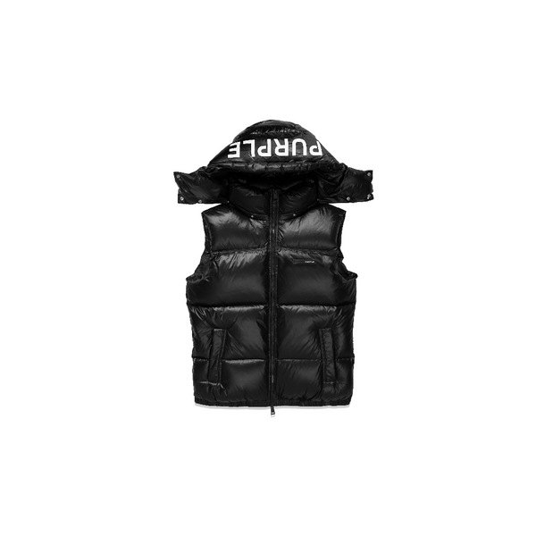 PURPLE BRAND NYLON SNAP OFF HOOD PUFFER VEST JET BLACK