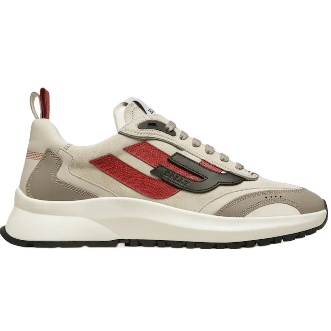 BALLY DARKY LEATHER SNEAKERS IN GREY/DUSTY WHITE/RED