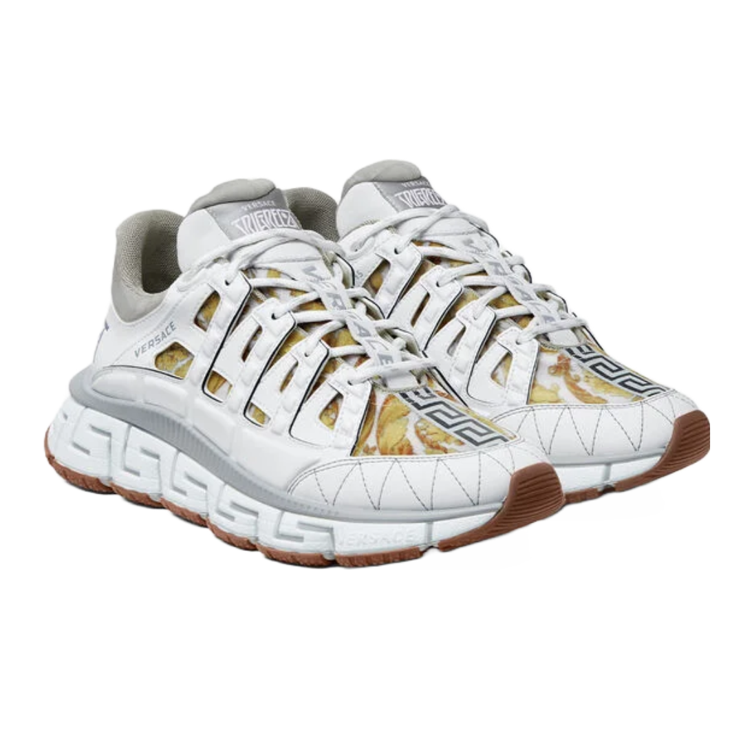 VERSACE WOMENS TRIGRECA SNEAKERS WHITE/SILVER/GOLD