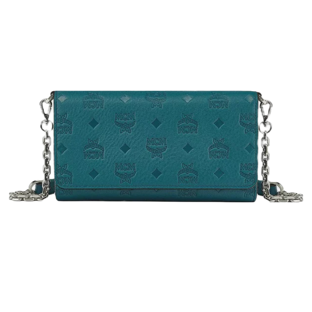 MCM AREN CROSSBODY WALLET EMBOSSED LEATHER MONOGRAM TEAL