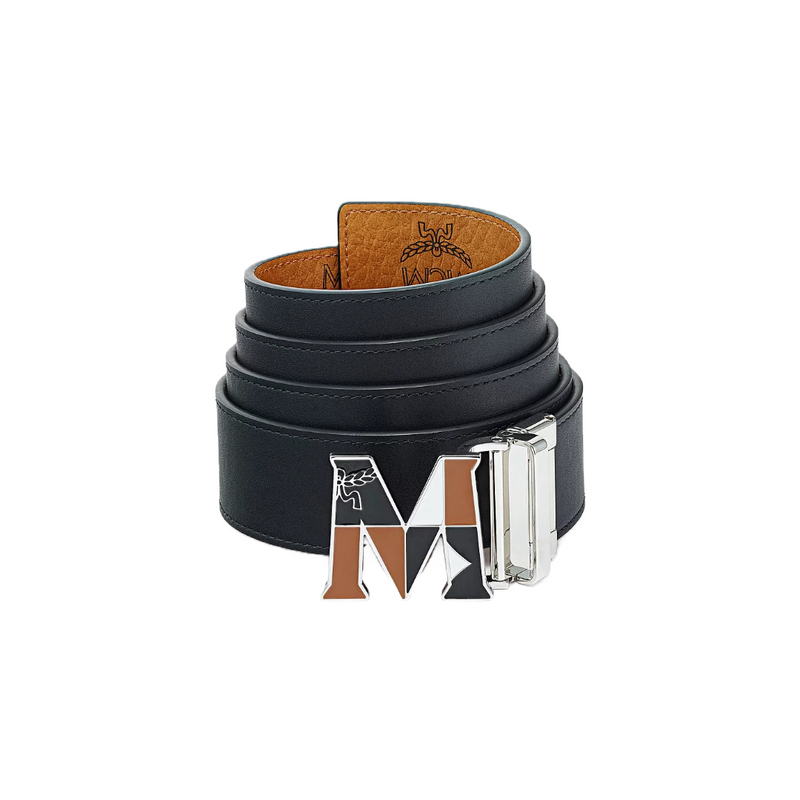 MCM Reversible M-Buckle Monogram Belt, Cognac/Blue