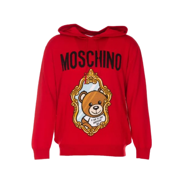 MOSCHINO MIRROR TEDDY BEAR HOODED PULLOVER RED