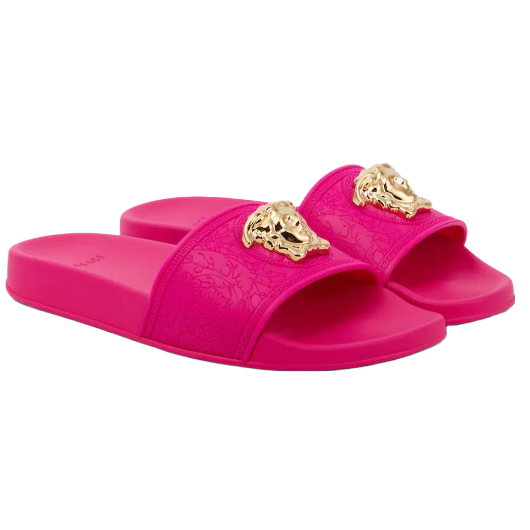 VERSACE WOMENS PALAZZO SLIDES FUXIA/GOLD