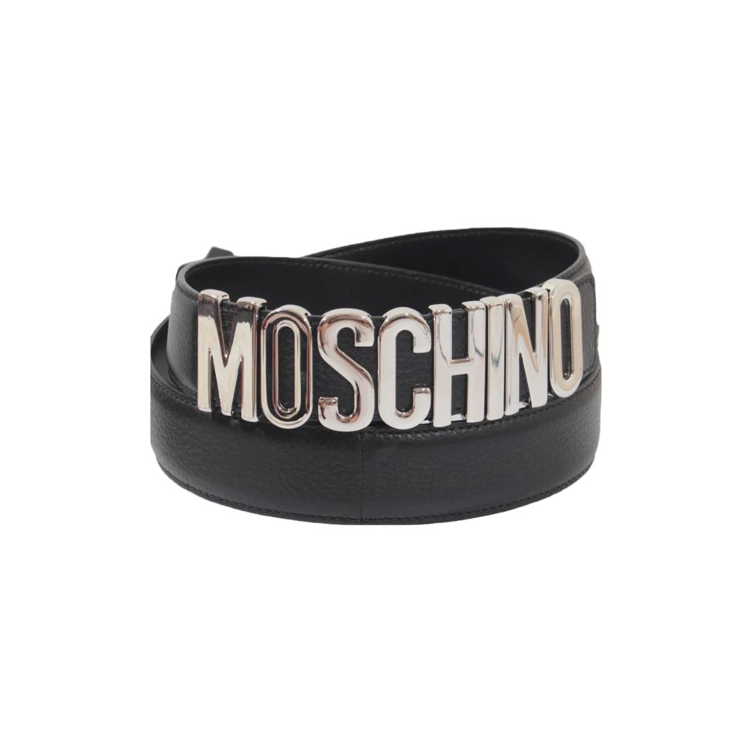 MOSCHINO LOGO BELT BLACK LEATHER/SILVER