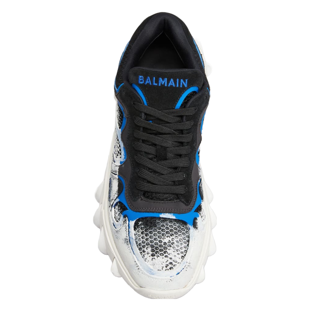 BALMAIN B-EAST TRAINER IN LEATHER, SUEDE AND MESH BLACK/BLUE/OFFWHITE