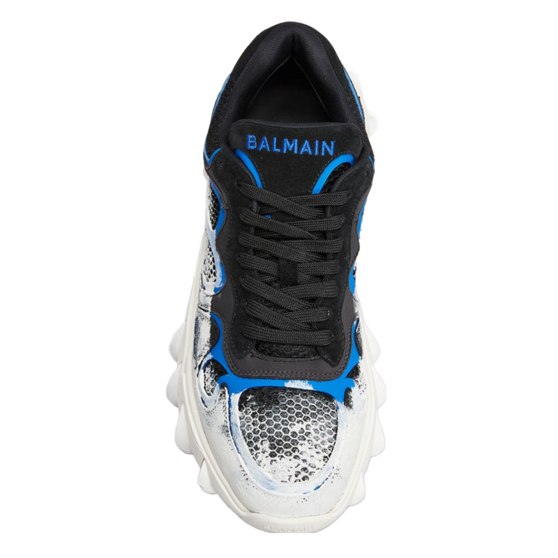 BALMAIN B-EAST TRAINER IN LEATHER, SUEDE AND MESH BLACK/BLUE/OFFWHITE
