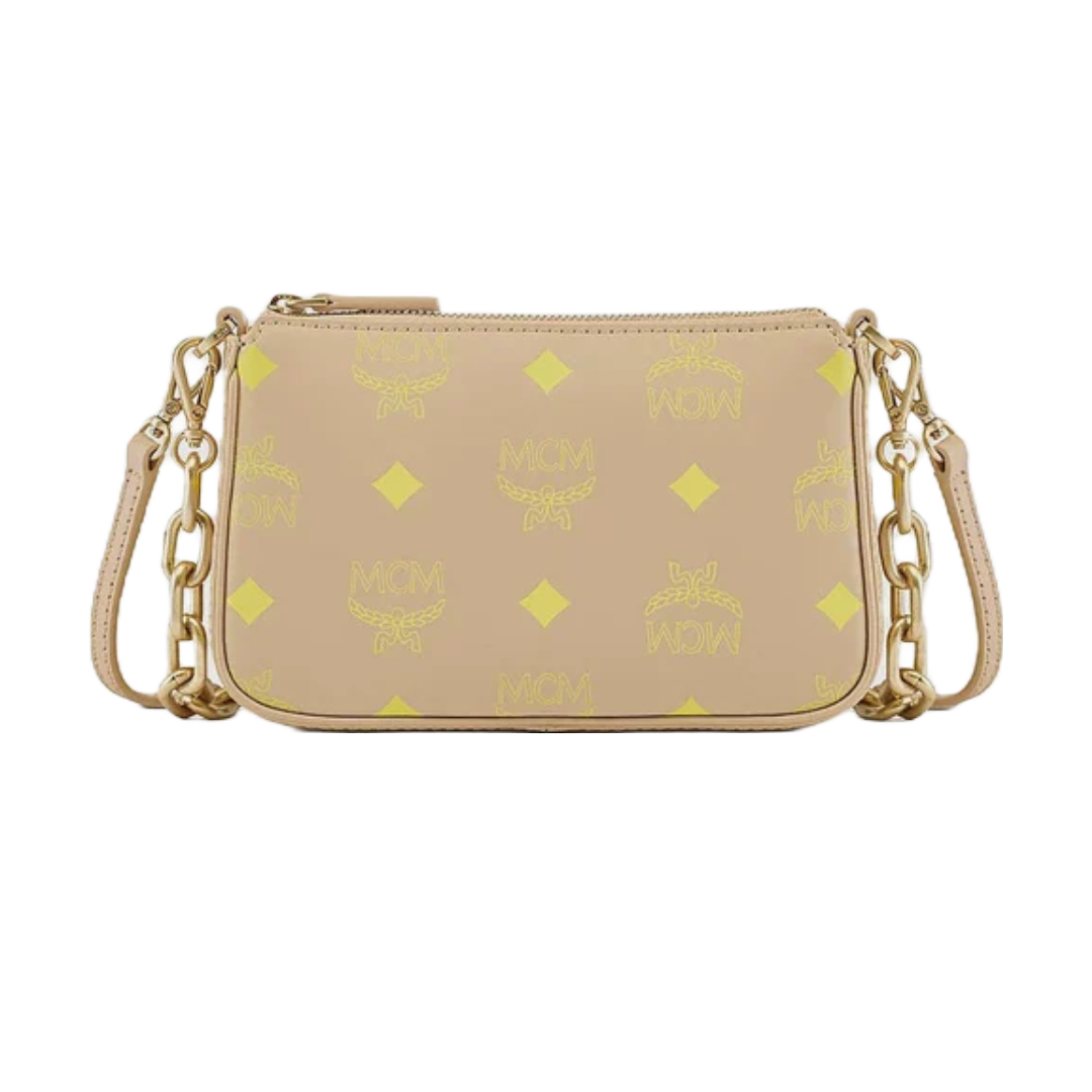 MCM MINI ZIP POUCH COLOR SPLASH LOGO LEATHER BEIGE/YELLOW