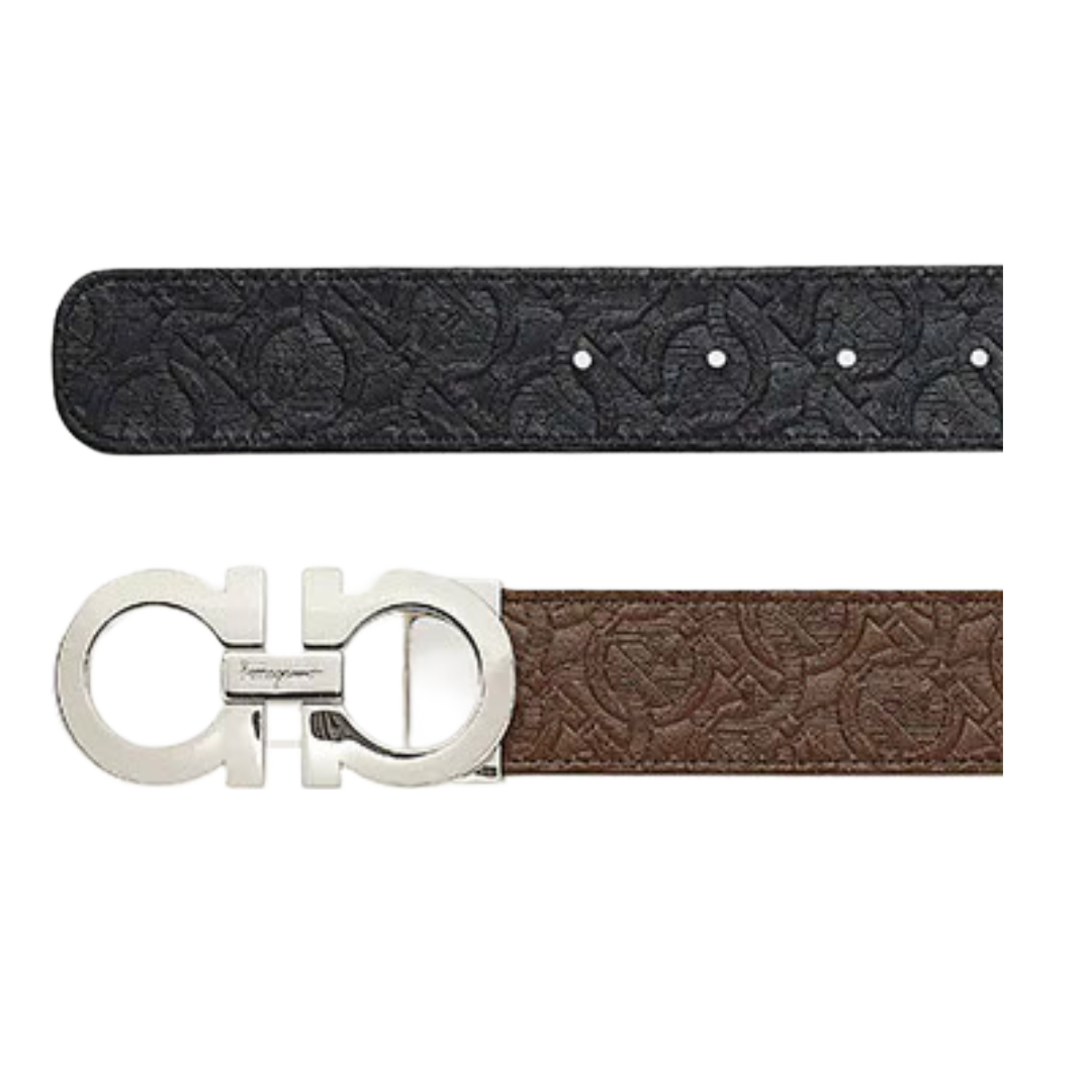 SALVATORE FERRAGAMO GANCINI REVERSIBLE ALL OVER LOGO BELT BROWN/BLACK