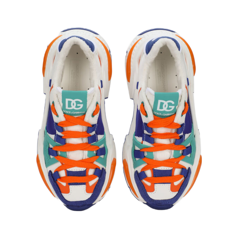 DOLCE AND GABBANA BABY MIXED MATERIAL AIRMASTER SNEAKERS BLUE/ORANGE/WHITE