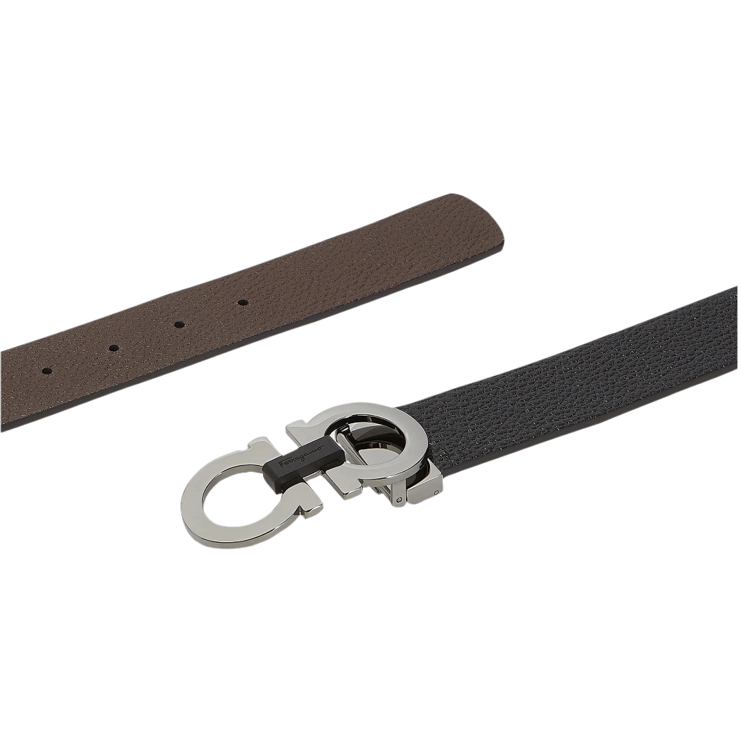 SALVATORE FERRAGAMO REVERSIBLE AND ADJUSTABLE GANCINI BELT | NERO & HICKORY