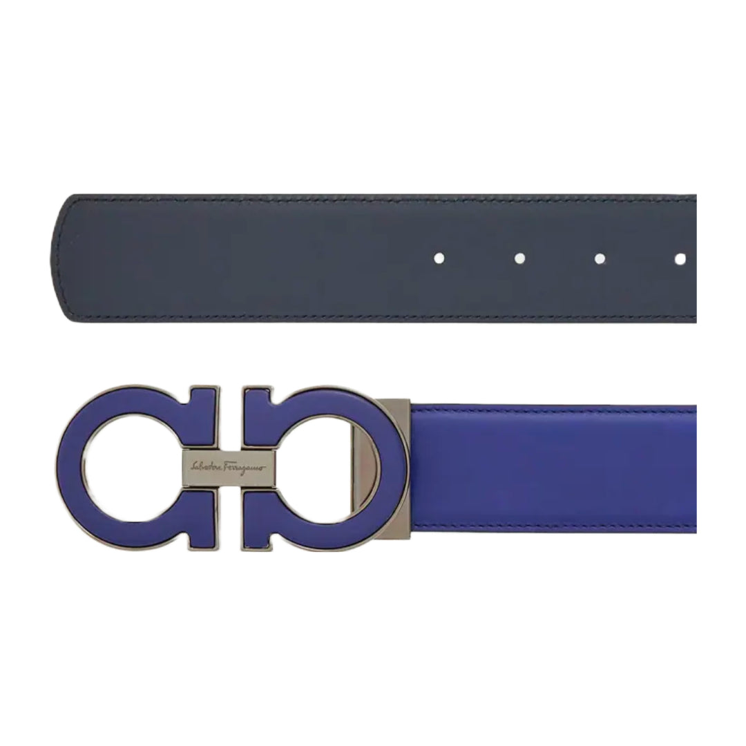 SALVATORE FERRAGAMO REVERSIBLE AND ADJUSTABLE GANCINI BELT BLUE