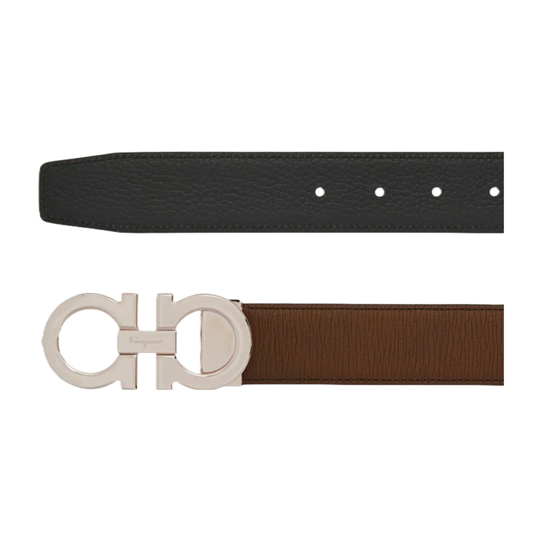 SALVATORE FERRAGAMO REVERSIBLE AND ADJUSTABLE GANCINI BELT BROW/BLACK