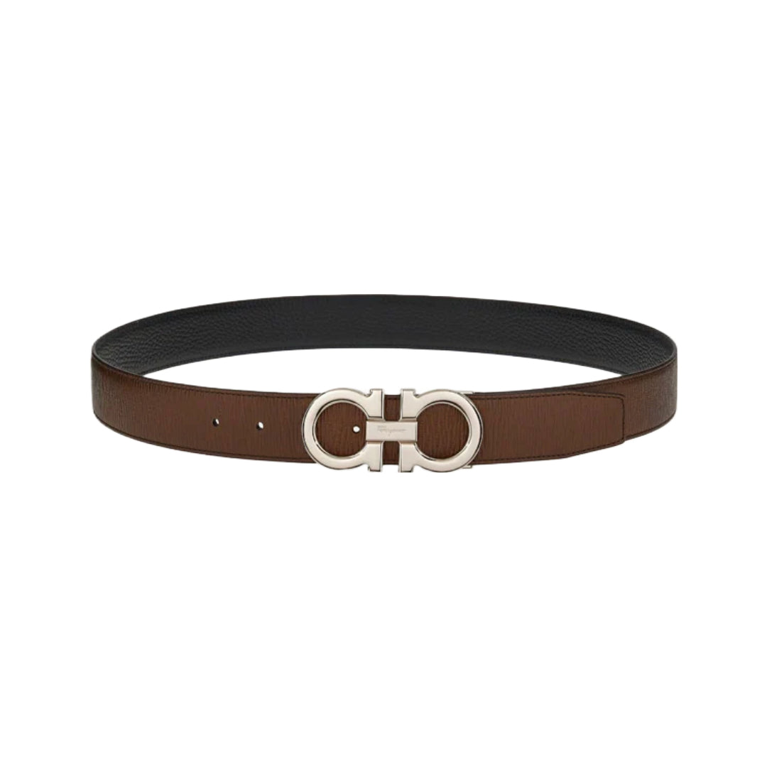 SALVATORE FERRAGAMO REVERSIBLE AND ADJUSTABLE GANCINI BELT BROW/BLACK