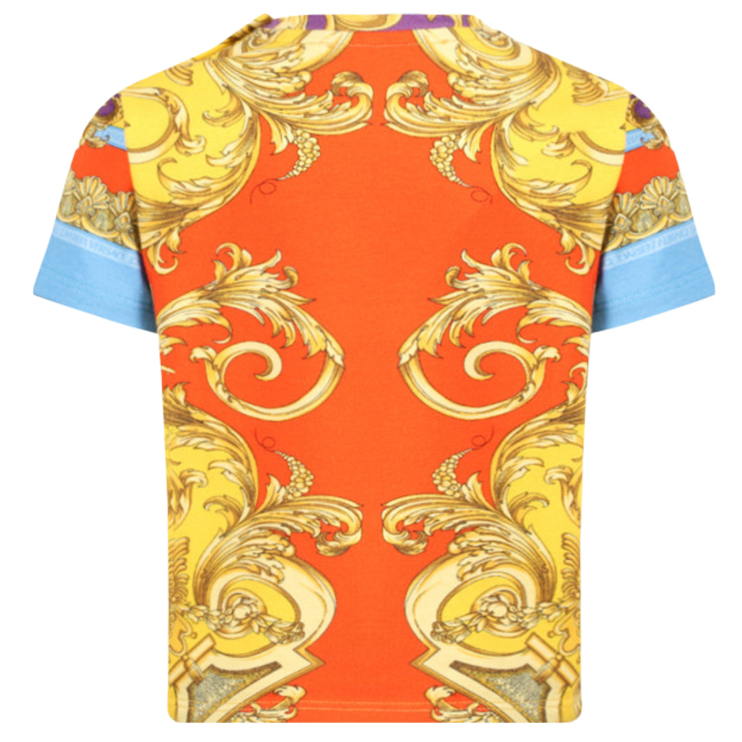 KIDS VERSACE Barocco Goddess Logo T-Shirt in Purple, Orange and Golden