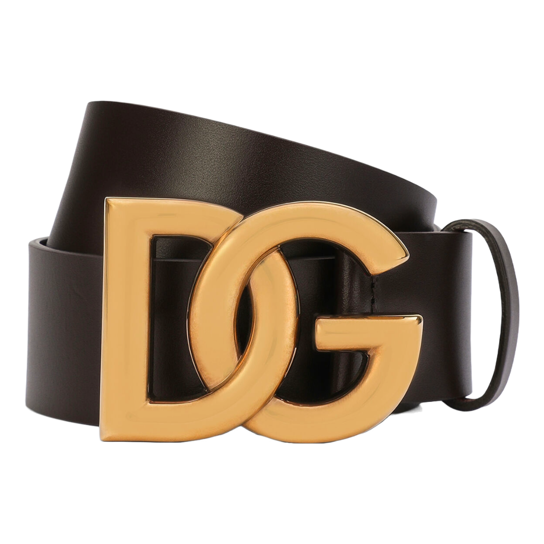 DOLCE & GABBANA LUX LEATHER BELT CROSSOVER LOGO GOLD/DARK BROWN