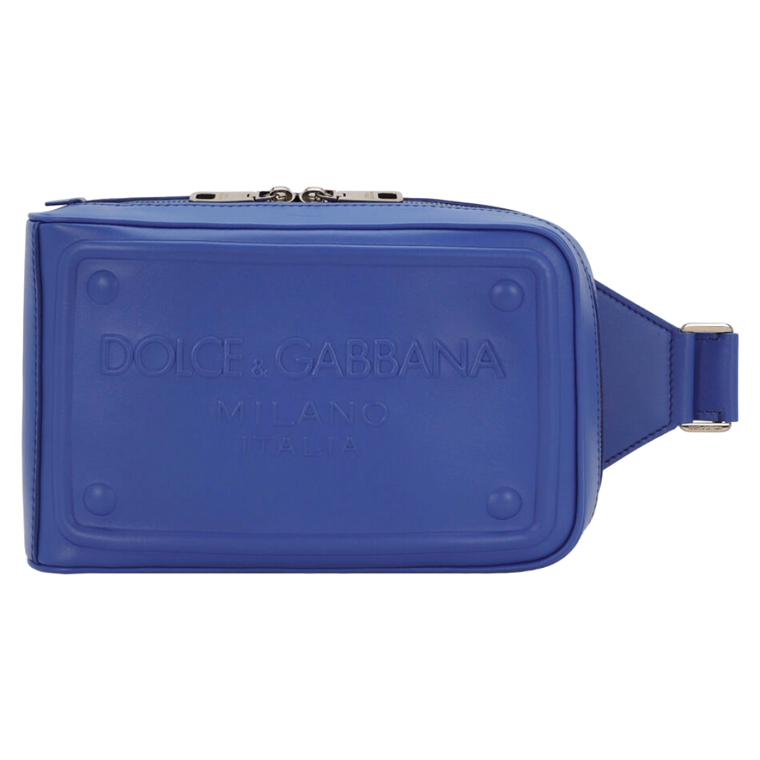 DOLCE & GABBANA CALFSKIN RAISED LOGO BELT BAG BLUE