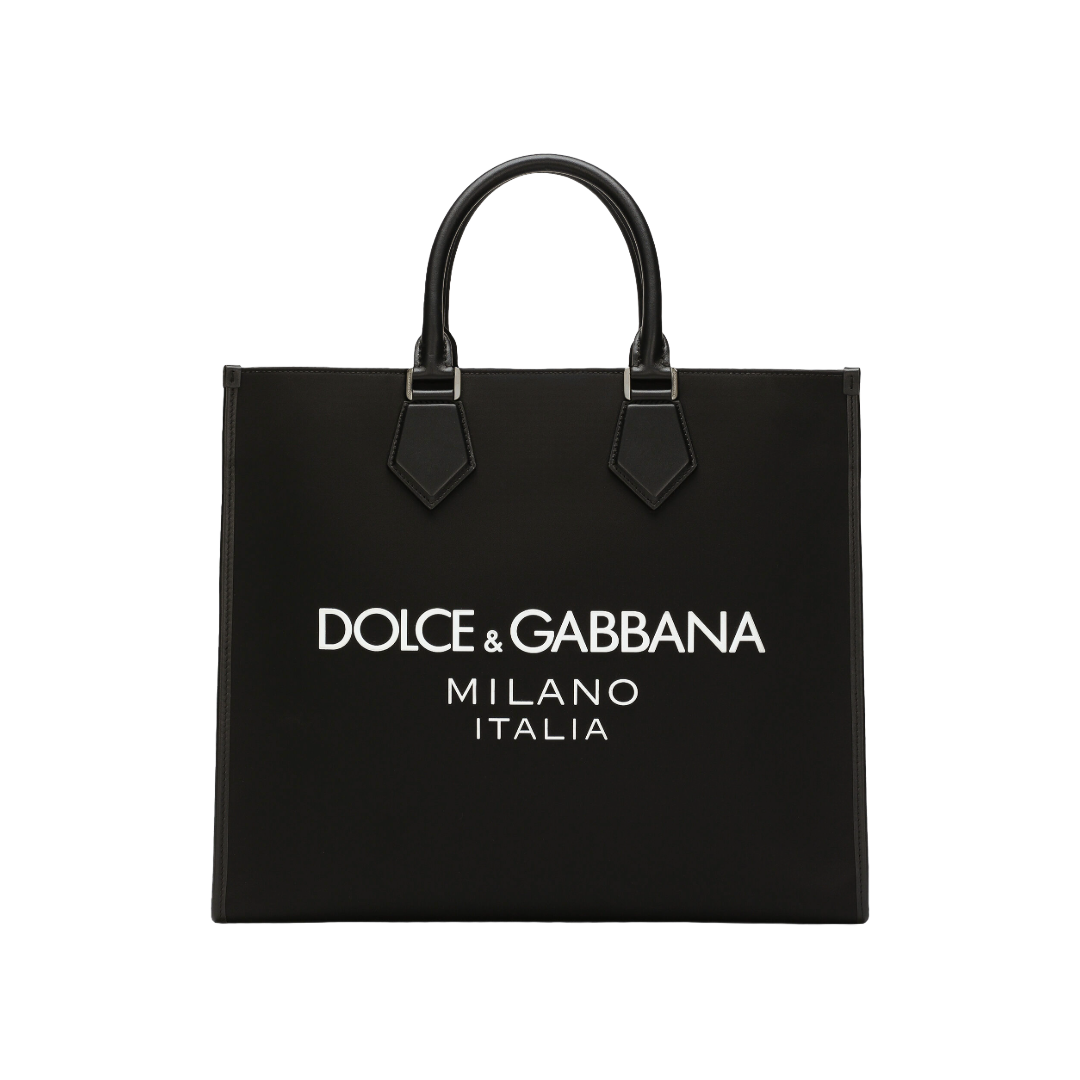 DOLCE & GABBANA LARGE NYLON SHOPPER WITH RUBBERIZED LOGO BLACK /WHITE