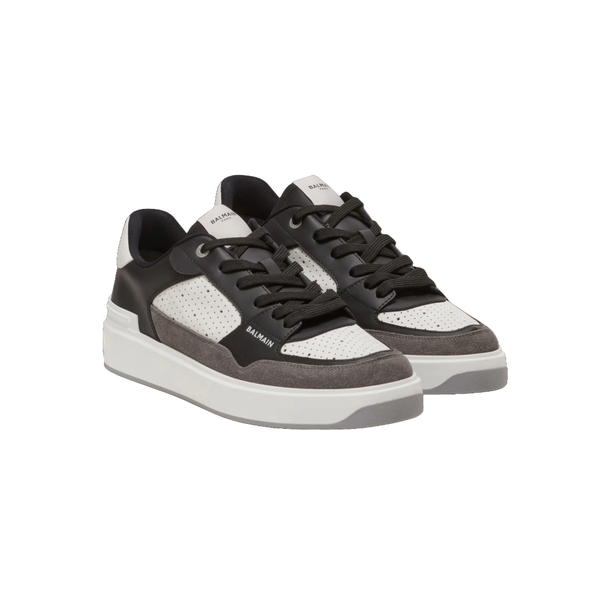 BALMAIN B-COURT FLIP TRAINERS IN LEATHER AND SUEDE BLACK/WHITE/GREY