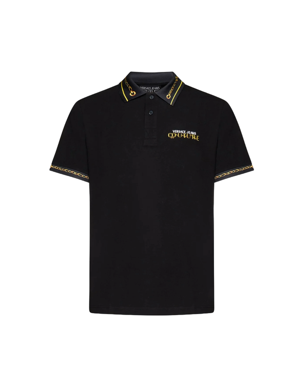 VERSACE JEANS COUTURE CHAIN LOGO ON COLLAR POLO TSHIRT BLACK/GOLD