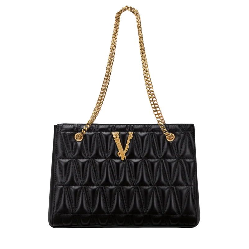 Versace Women's Virtus Black Leather Quilted Small Tote Bag