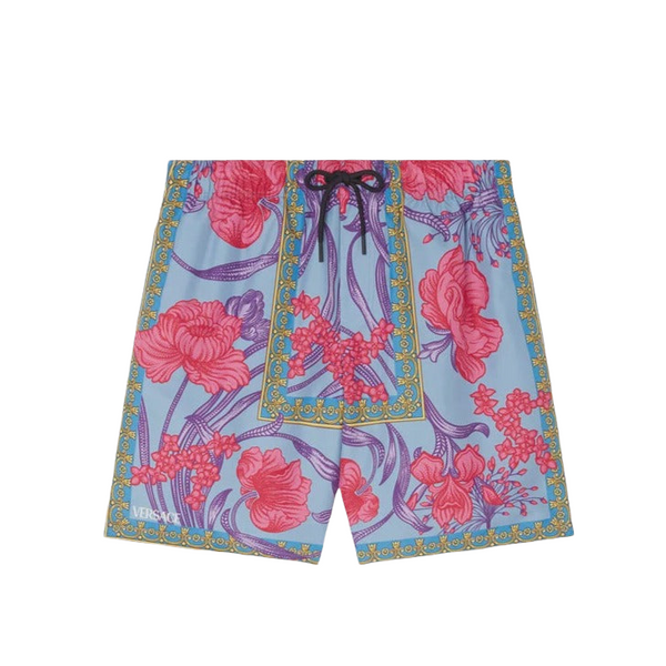 VERSACE ACID BOUQUET MID-LENGTH SWIM SHORTS CORNFLOWER+STAMPA