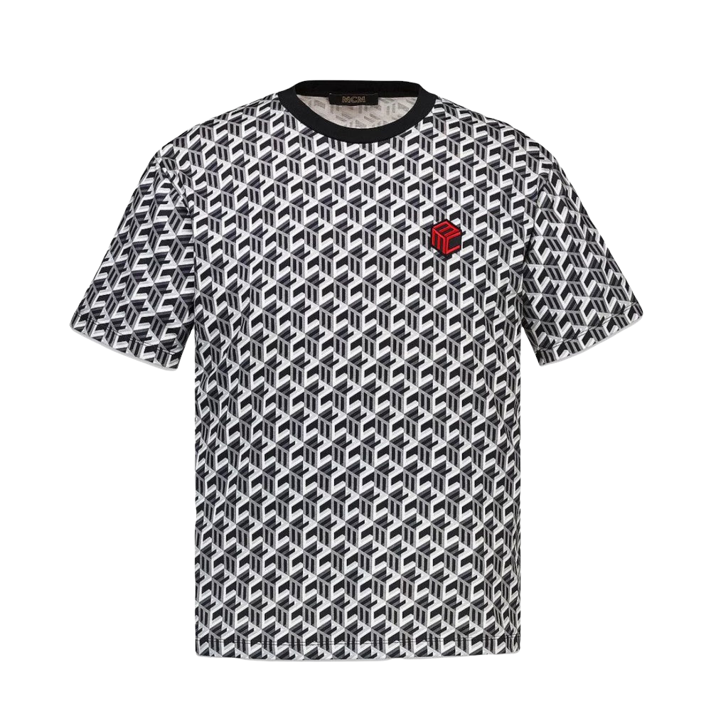 MCM MENS CUBIC MONOGRAM PRINT T-SHIRT IN ORGANIC COTTON BLACK-GREY