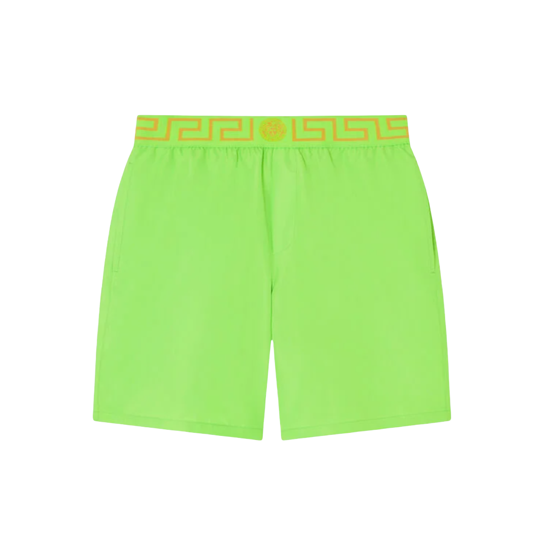 VERSACE MID-LENGTH GRECA BORDER SWIM SHORTS NEON GREEN-ORO