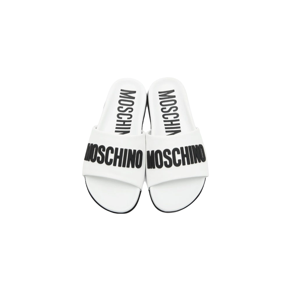 MOSCHINO COUTURE WHITE LEATHER LOGO SLIDES