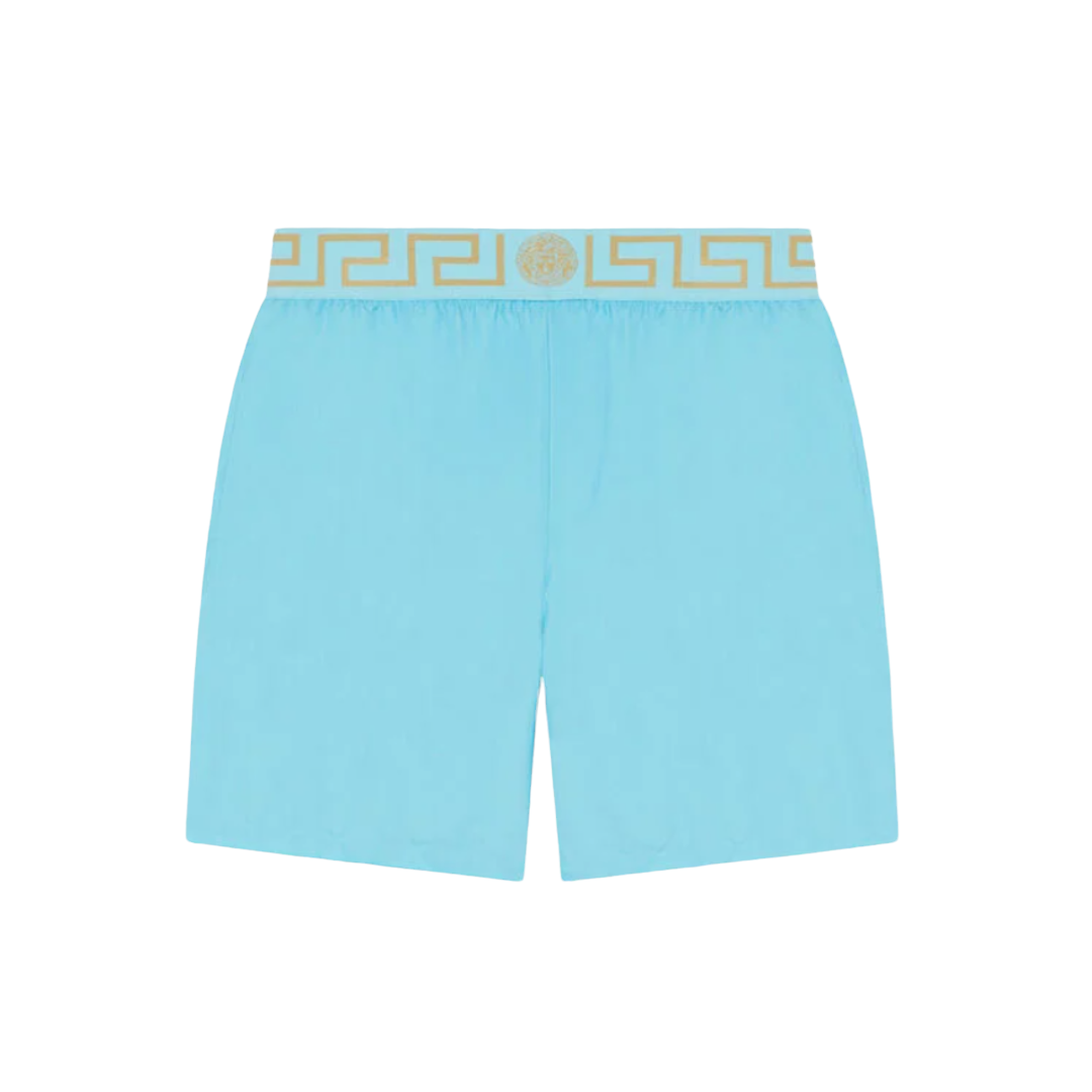 VERSACE MID-LENGTH GRECA BORDER SWIM SHORTS SPLASH-ORO