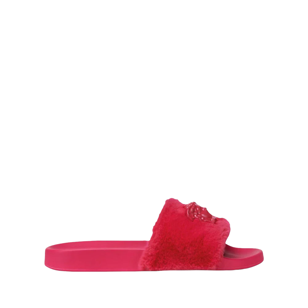 VERSACE LA MEDUSA FAUX FUR SLIDES-FUCHSIA