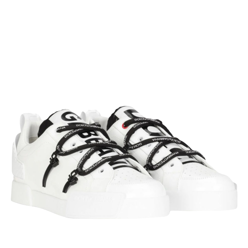 DOLCE & GABBANA PORTOFINO SNEAKERS IN CALFSKIN/PATENT LEATHER WHITE-BLACK