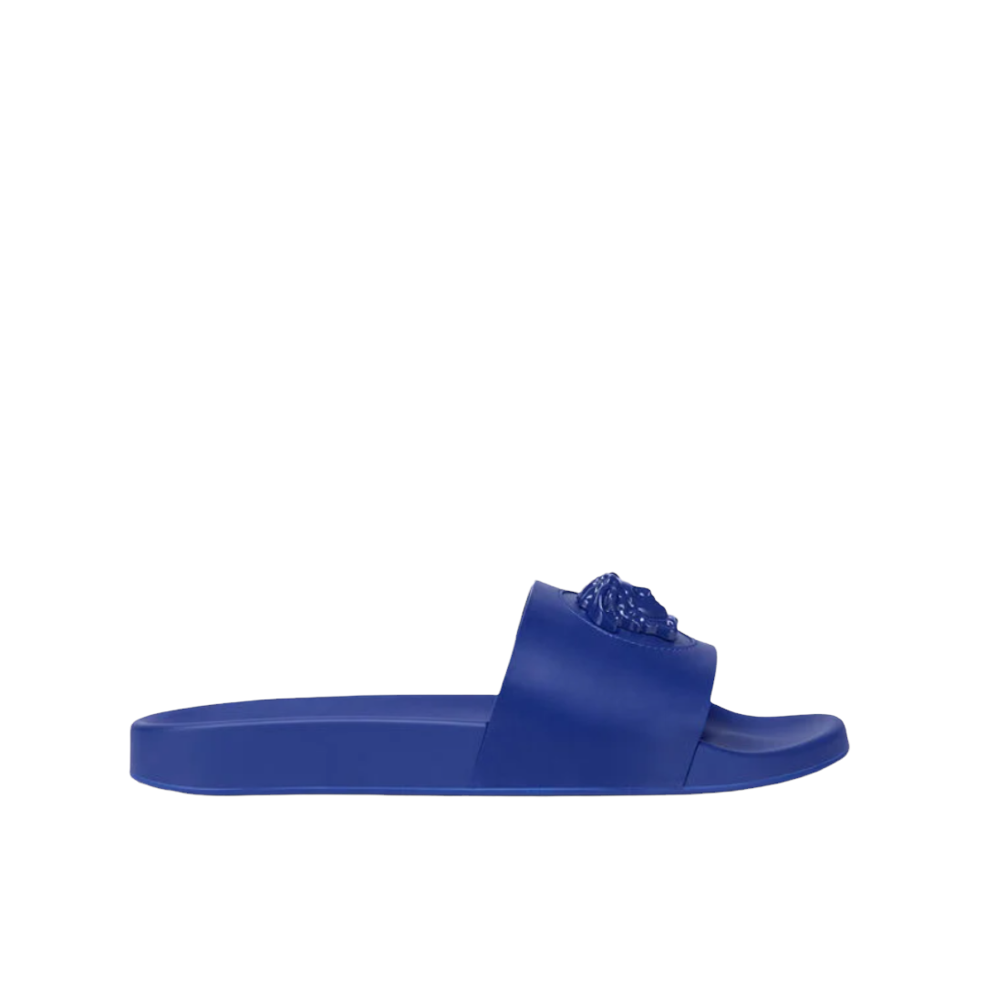 VERSACE LA MEDUSA LEATHER SLIDES LAPIS-LAPIS