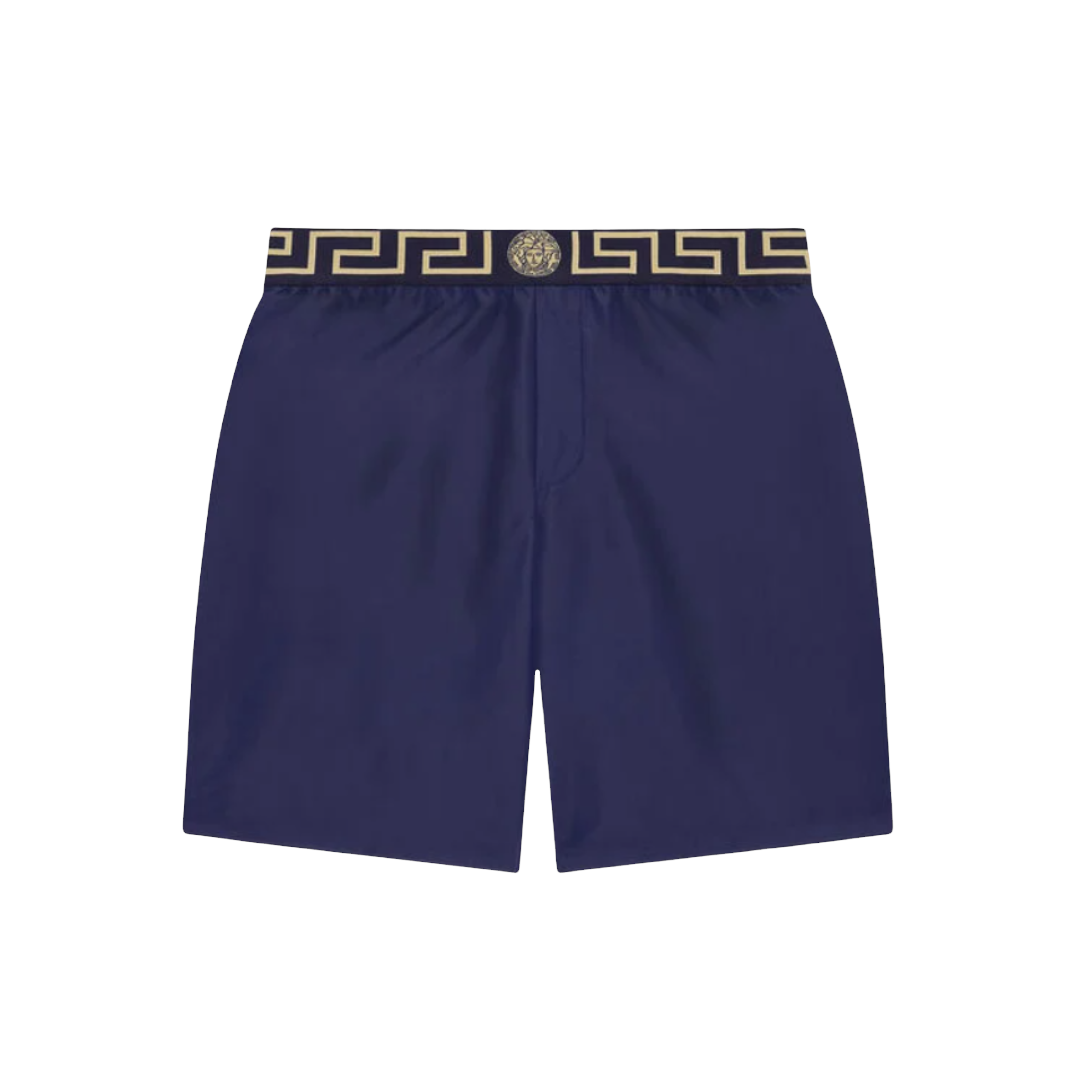 VERSACE MID-LENGTH GRECA BORDER SWIM SHORTS NAVY BLUE-ORO