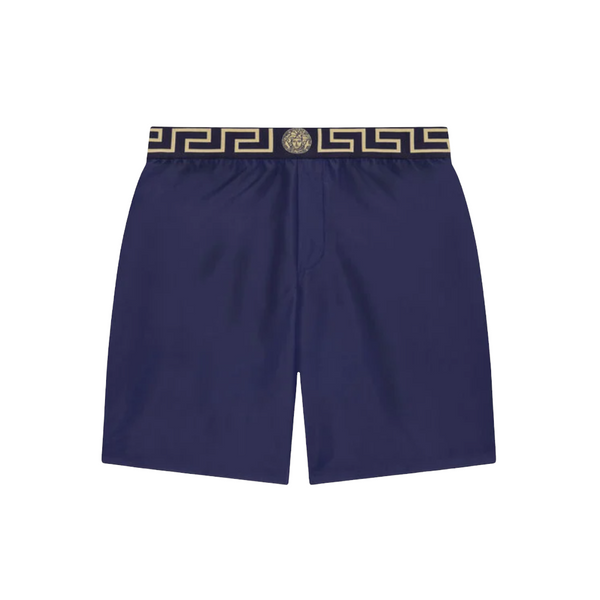 VERSACE MID-LENGTH GRECA BORDER SWIM SHORTS NAVY BLUE-ORO