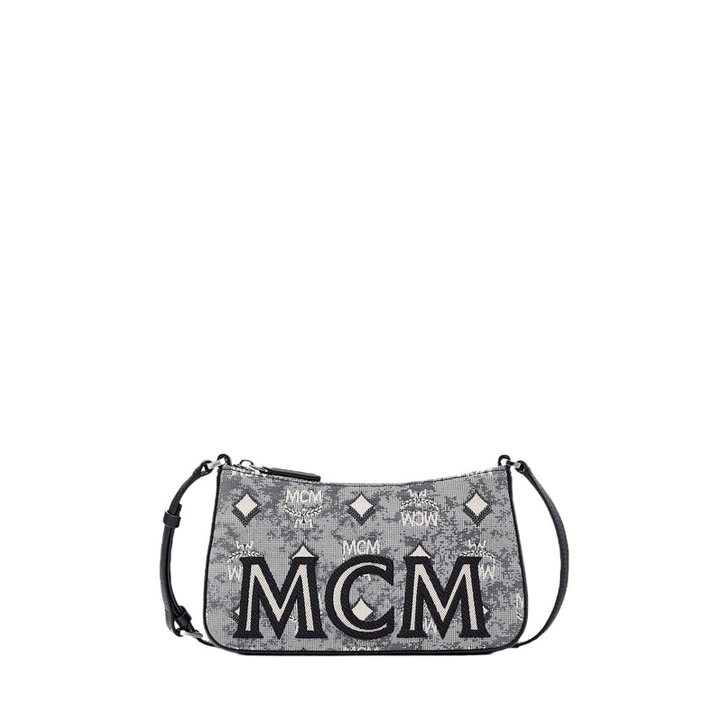 MCM Gray and Black Jacquard Canvas and Leather Shoulder/ Crossbody